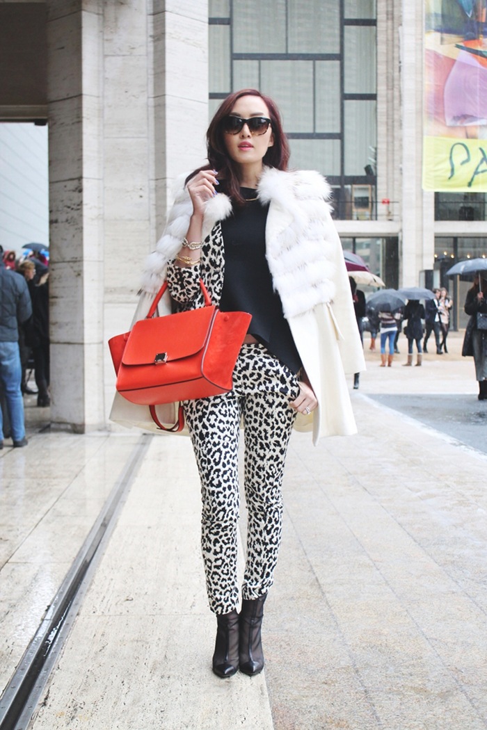 Chriselle_Lim_Newyork_Fashion_week_NYFW_FW2013_lincoln_center_Derek_Lam_animal_print_suit_Celine_Trapeze_Orange_Joy_Cioci_Fur_jacket