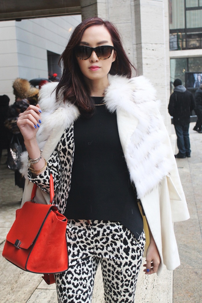 Chriselle_Lim_Newyork_Fashion_week_NYFW_FW2013_lincoln_center_Derek_Lam_animal_print_suit_Celine_Trapeze_Orange_Joy_Cioci_Fur_jacket_2