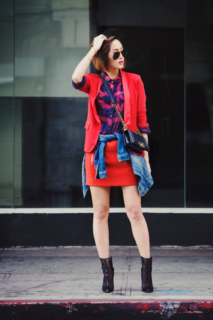Downtown_LA_los_angeles_Eastern_Building_bRoadway_street_Rails_LA_Flannel_7_For_All_Mankind_denim_Jacket_Maje_mini_skirt_red_Monica_rose_Lovers_Friends_Chriselle_Lim_The_chriselle_Factor_Calvin_lim_photography_1
