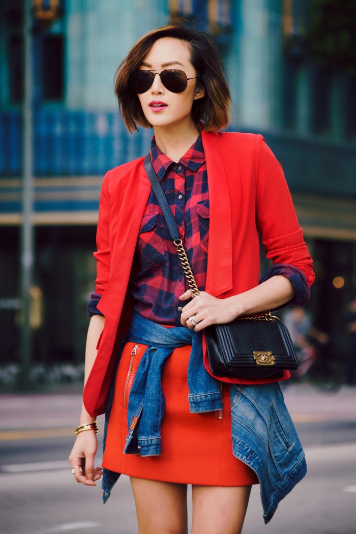 Downtown_LA_los_angeles_Eastern_Building_bRoadway_street_Rails_LA_Flannel_7_For_All_Mankind_denim_Jacket_Maje_mini_skirt_red_Monica_rose_Lovers_Friends_Chriselle_Lim_The_chriselle_Factor_Calvin_lim_photography_4