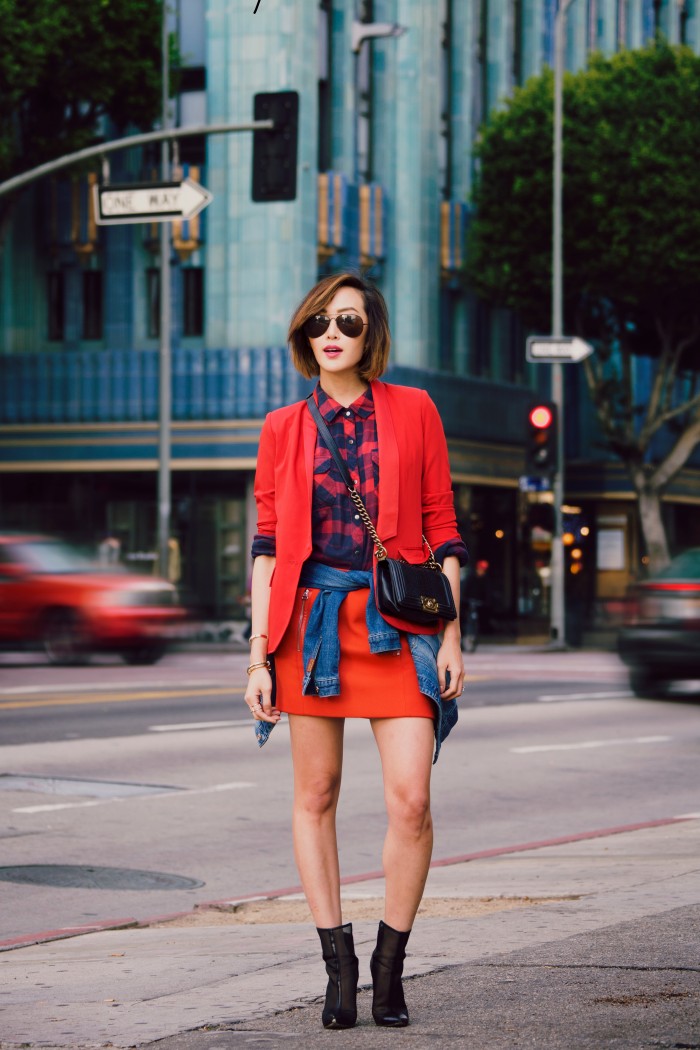 Downtown_LA_los_angeles_Eastern_Building_bRoadway_street_Rails_LA_Flannel_7_For_All_Mankind_denim_Jacket_Maje_mini_skirt_red_Monica_rose_Lovers_Friends_Chriselle_Lim_The_chriselle_Factor_Calvin_lim_photography_5