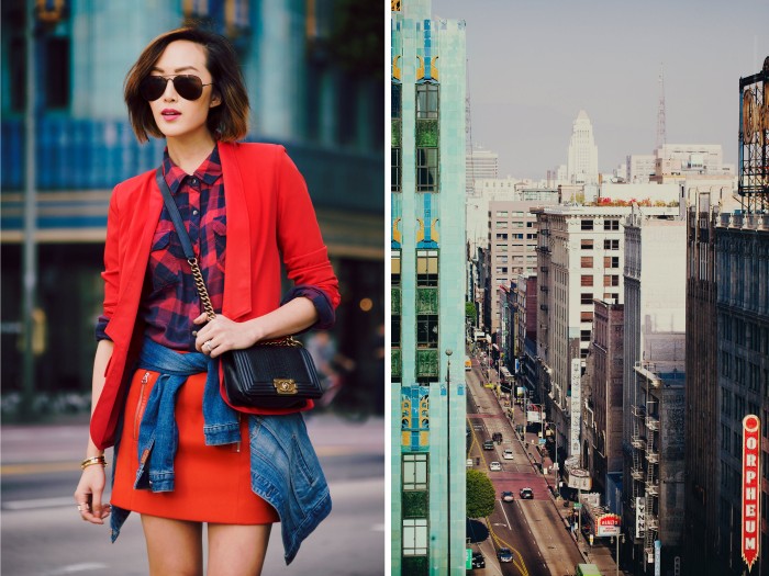 Downtown_LA_los_angeles_Eastern_Building_bRoadway_street_Rails_LA_Flannel_7_For_All_Mankind_denim_Jacket_Maje_mini_skirt_red_Monica_rose_Lovers_Friends_Chriselle_Lim_The_chriselle_Factor_Calvin_lim_photography_7