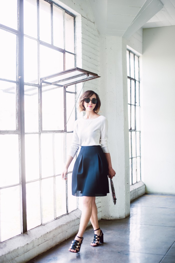 chriselle_lim_Cashmere360_sweater_aviator_sunglasses_lord_and_taylor_circle_skirt_proenza_schouler_studded_gladiator_sandal_givenchy_Floral_clutch_3