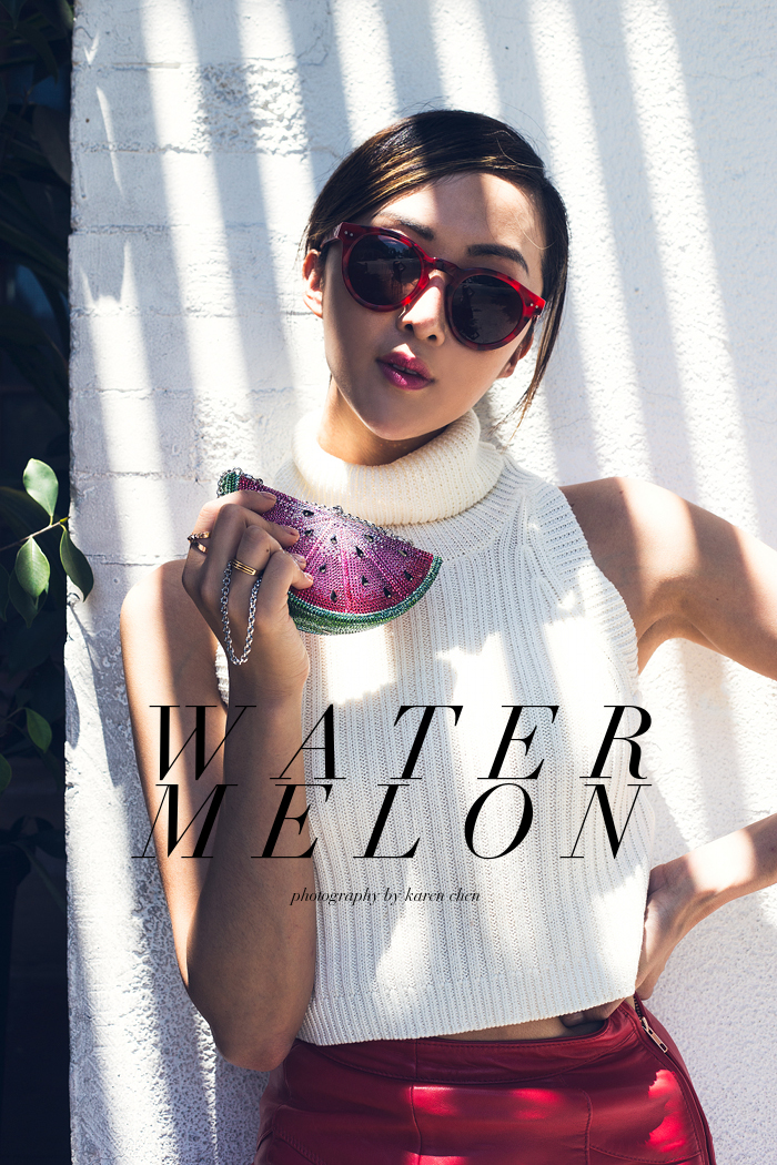cover_judih_leiber_watermelon_diamond_clutch_lovers_and_friends_crop_top_turtleneck_house_of_harlow_Red_sunglasses_nasty_Gal_collection_skirt